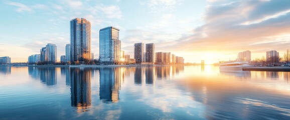 Poster - Cityscape with skyscrapers reflecting in calm water at sunrise.