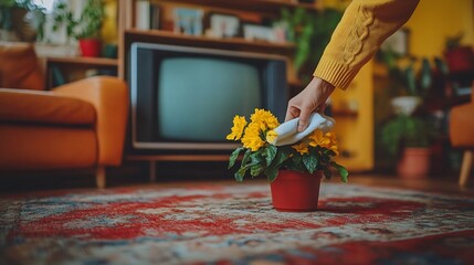 Poster - Person wiping down a dusty television with a cloth showcasing home maintenance and cleanliness