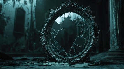 A broken ornate mirror, its cracked frame illuminated by faint light in a shadowy setting, creating an unsettling horror mood