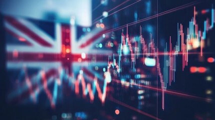 A double exposure of the Union Jack and a fluctuating stock market graph, symbolizing the connection between UK economy and finance