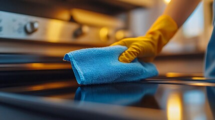Poster - Person wiping down kitchen appliances with a disinfectant cloth showcasing hygiene and cleanliness