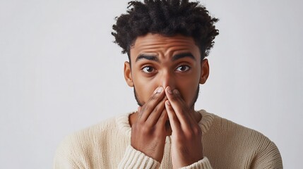 Fototapete - Person with a bad breath issue holding their nose while standing isolated in a background setting
