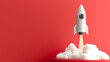 © Alex - 3D rocket launching icon, isolated on red minimalist background. For business start up concept.