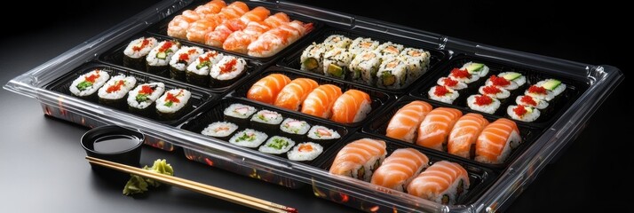 Poster - Several sushi platters showcase assorted rolls and sashimi, ideal for catering at parties or gatherings, served with soy sauce and wasabi. Generative AI