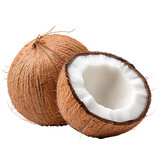 Fresh coconut with cracked shell revealing white, creamy interior, showcasing its natural texture and fibers. Perfect for tropical themes and culinary uses. 