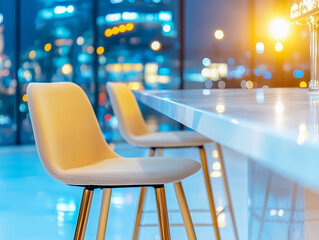 Canvas Print - bar counter with chairs in empty comfortable restaurant at night