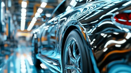 Wall Mural - A sleek, shiny car in a modern workshop, showcasing its polished surface and intricate details, with overhead lighting reflecting off its body.