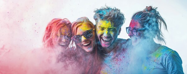 A joyful group of friends covered in colorful powder, celebrating an outdoor festival with smiles and vibrant energy.