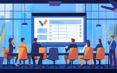 Poster - A diverse group is engaged in a modern meeting room, discussing strategies with a large presentation screen in the background.