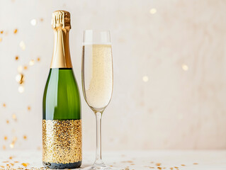 Bottle of champagne with gold glitter and confetti on beige background, flat lay. Hilarious celebration