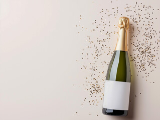 Bottle of champagne with gold glitter and confetti on beige background