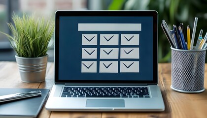 Poster - A modern laptop displaying a checklist interface, surrounded by office supplies and greenery for a productive workspace.