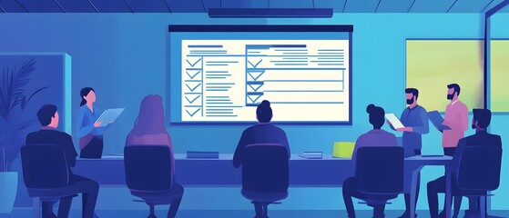Poster - A modern meeting scene with participants discussing checklist tasks in a bright office with a presentation screen.