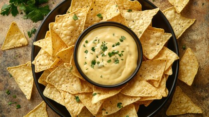 Poster - Enjoy a delicious platter of crispy corn chips surrounded by smooth cheese sauce, ideal for parties and casual get-togethers. Generative AI