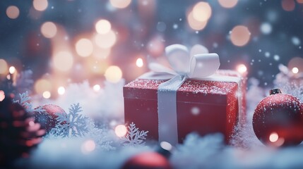 A red gift box with Christmas decorations next to it on a blurred background.