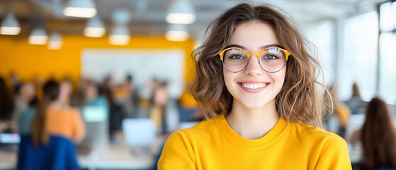 Poster - Enthusiastic young woman smiling in bright yellow sweater, surrounded by vibrant workspace. Her joyful expression reflects positive atmosphere in modern office setting