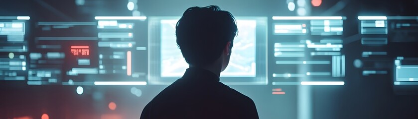 Poster - A person observing digital screens in a dark environment, representing technology and modern data analysis.