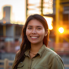 a happy female architect standing confidently on construction background.