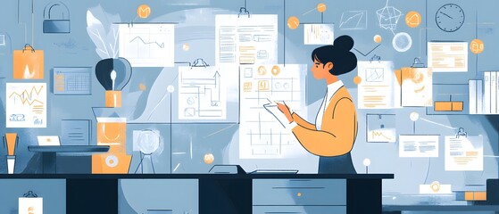 Poster - A professional woman analyzing data at a modern office workspace filled with charts, notes, and creative ideas.