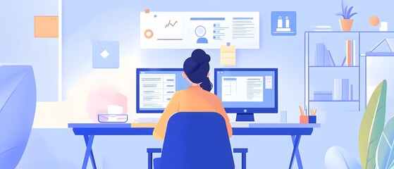 Poster - a professional woman working at a desk with dual monitors, showcasing a modern workspace and digital