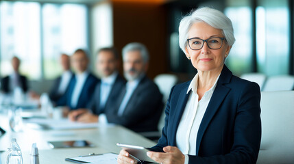 Aufkleber - Confident business leader sitting at conference table, looking at camera with smile. atmosphere is professional, showcasing modern office environment