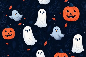 Wall Mural - A whimsical Halloween pattern featuring ghosts and pumpkins.