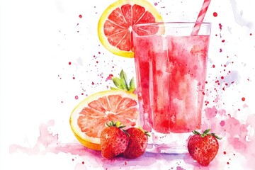 Wall Mural - Refreshing Watercolor Grapefruit and Strawberry Juice Splash on White Background