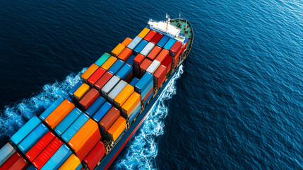 Poster - Aerial view of cargo ship loaded with colorful shipping containers navigating through deep blue waters, showcasing maritime transport and freight logistics
