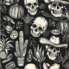 Wall Mural - Day of the Dead Skulls with Floral Elements