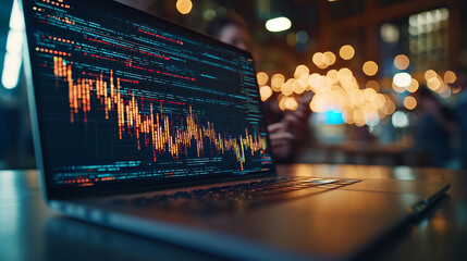 Aufkleber - laptop displaying data analytics with colorful graphs and charts, set in modern environment with blurred lights in background, evokes sense of innovation and technology