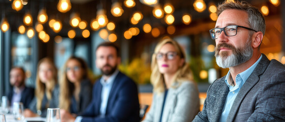 Aufkleber - Engaged business people in modern office setting, focused on presentation with warm lighting creating professional atmosphere
