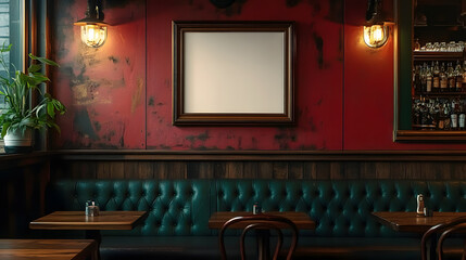 Sticker - A blank picture frame hanging on the old textured wooden wall in a cosy old english or irish pub