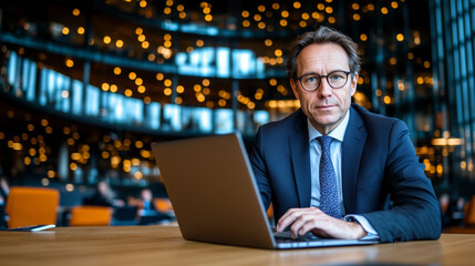 Poster - businessman sitting in office with laptop, exuding professionalism and focus. modern workspace features stylish design and warm lighting, creating inviting atmosphere