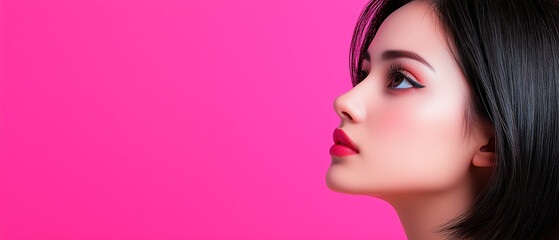 captivating beauty portrait of young woman with striking features against vibrant pink background. Her elegant profile showcases bold makeup and confident expression, embodying modern aesthetics