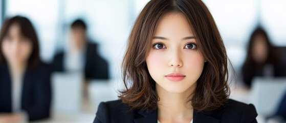 Poster - focused young woman in business setting, exuding confidence and professionalism, is seated at table with colleagues in background. Her expression reflects determination and readiness for work