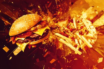 Poster - Brightly colored abstractions of favorite fast food items like burgers, pizza, and fries create an energetic culinary display. Generative AI
