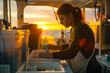 © MVProductions - Marine biologist analyzes water samples, golden sunset bathes research vessel, white wall provides stark contrast