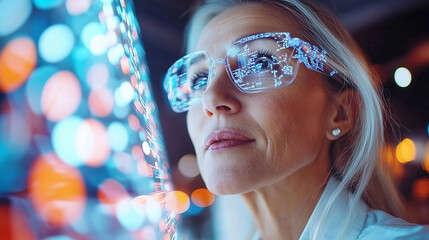 Poster - mature business woman is intently looking at digital screen, showcasing her focus and engagement with technology. Her stylish glasses reflect vibrant lights, creating modern and dynamic atmosphere