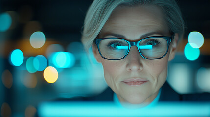Aufkleber - Mature business woman focused on tablet screen, showcasing determination and professionalism in modern workspace. Her glasses reflect ambient light, enhancing tech savvy atmosphere