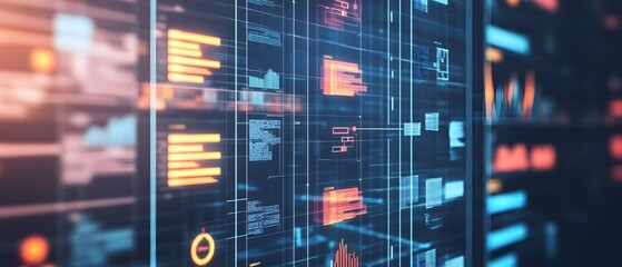 Poster - Abstract digital display with colorful graphs and data metrics, ideal for technology, finance, or data visualization projects.