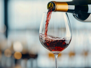 Close up shot of a bartender pouring red wine into a glass. Hospitality, beverage and wine concept. 