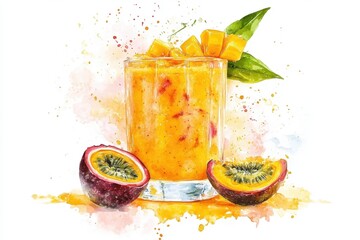 Wall Mural - Refreshing Watercolor Mango and Passionfruit Smoothie Artwork on White Background