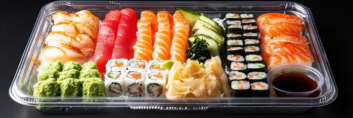 Poster - A beautifully arranged sushi platter showcases an array of rolls, sashimi, and traditional accompaniments, perfect for any event. Generative AI