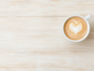 Close up white coffee cup with heart shape latte art on wood tab 