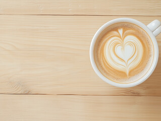 Close up white coffee cup with heart shape latte art on wood tab 