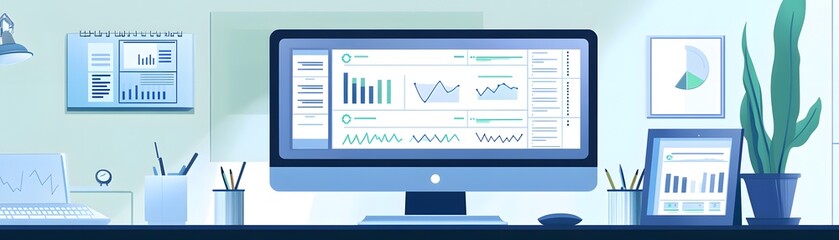 Fototapete - Modern workspace featuring a computer with analytical graphs, ideal for business and productivity themes.