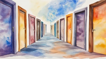 Abstract watercolor pathway through doors of opportunity, symbolizing career development programs, with space for copy