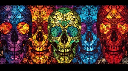 Wall Mural - Colorful Skulls with Stained Glass Design