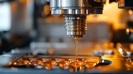 Poster - close-up of a machine filling capsules with liquid oil.
