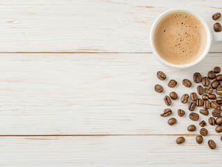 Coffee cup and coffee beans on old wooden background